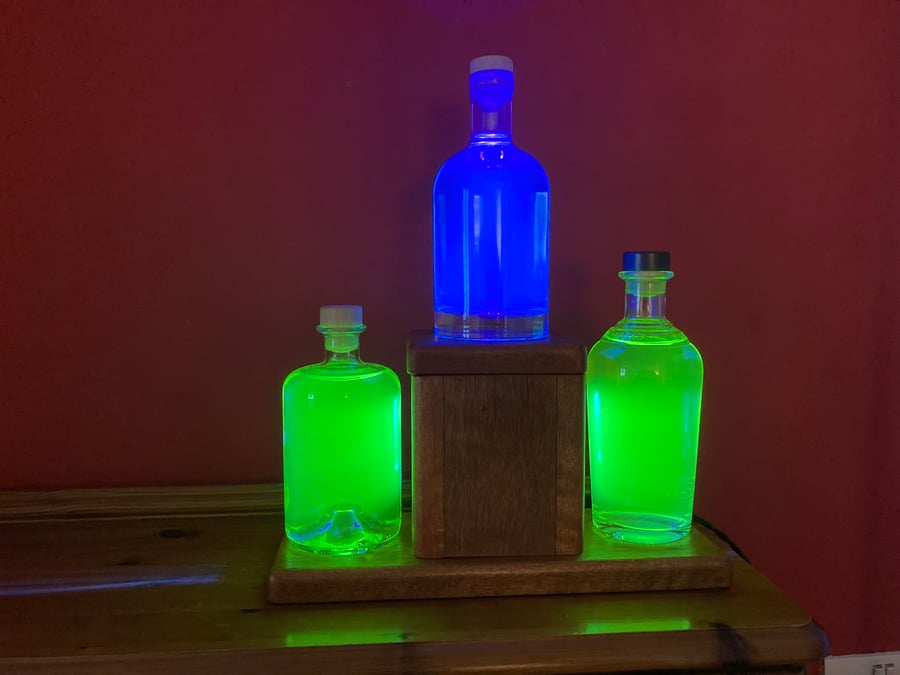 Fluorescing Bottle Table Lamp, Vivid Green and Blue, Repurposed Bottles and Wood