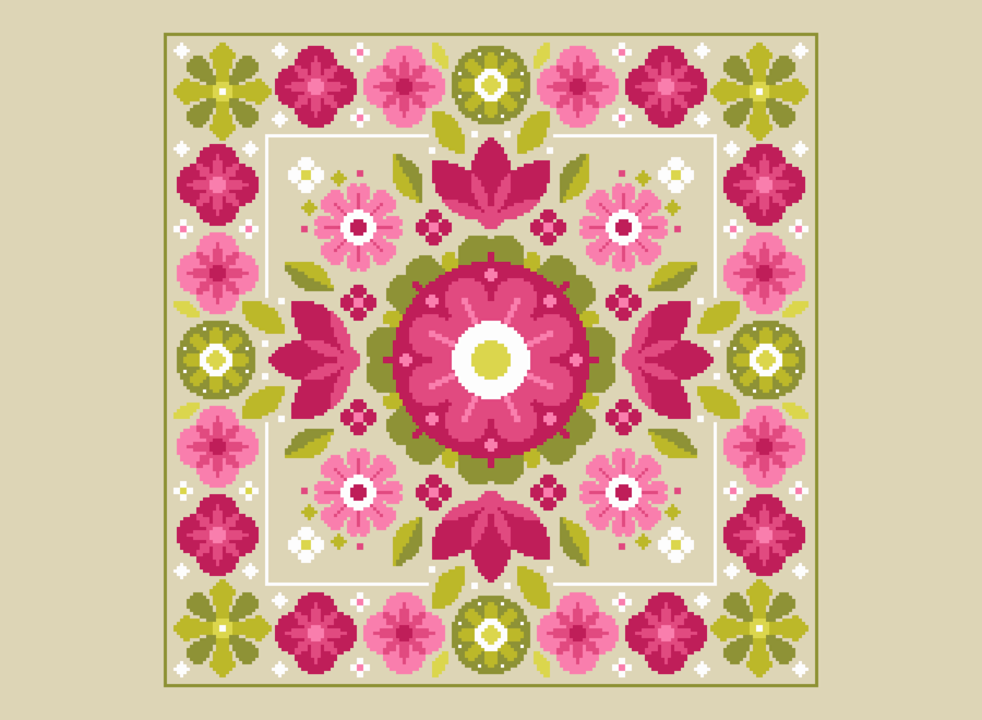 044B - Cross stitch pattern, Neon pink geometric linear flower bouquet Mandalla