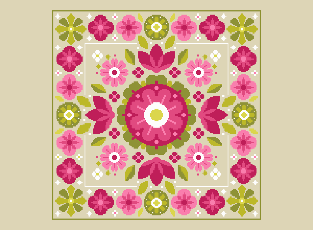 044B - Cross stitch pattern, Neon pink geometric linear flower bouquet Mandalla