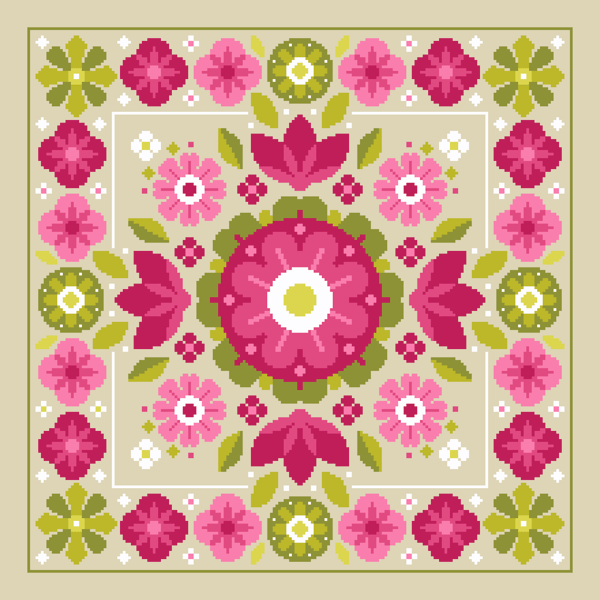 044B - Cross stitch pattern, Neon pink geometric linear flower bouquet Mandalla