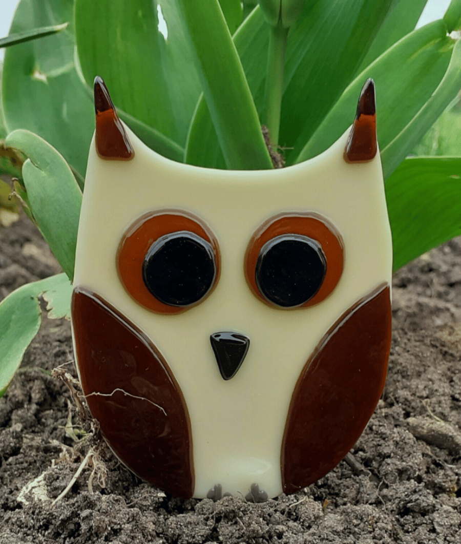 Fused Glass Owl Garden Ornament Plant Pot Stake Decoration, Long Ears