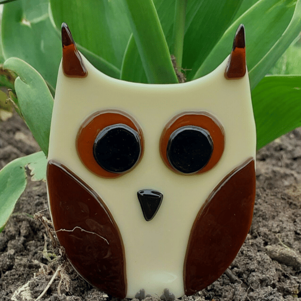 Fused Glass Owl Garden Ornament Plant Pot Stake Decoration, Long Ears