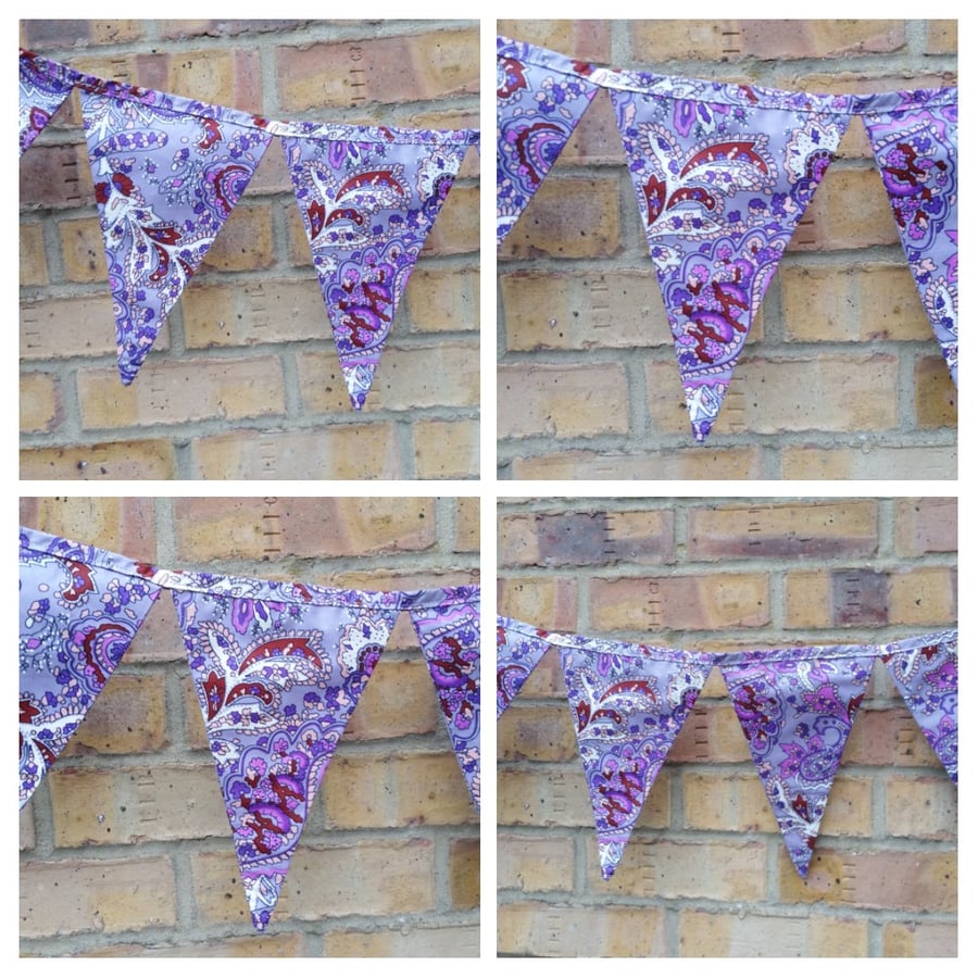 Bunting in purple pattern fabric. 