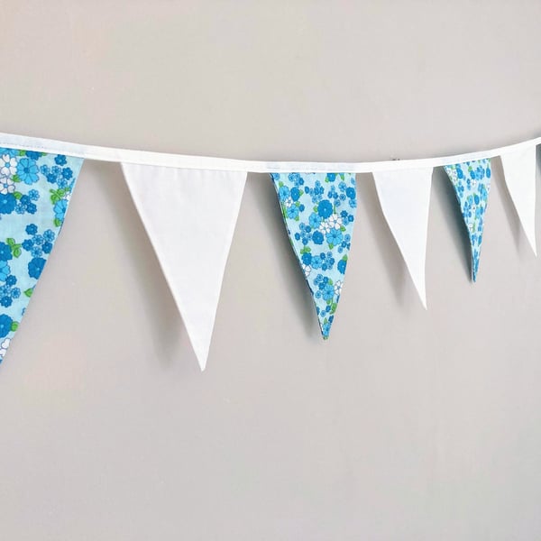 Blue and white floral double sided cotton fabric bunting. Flowery wall hanging. 