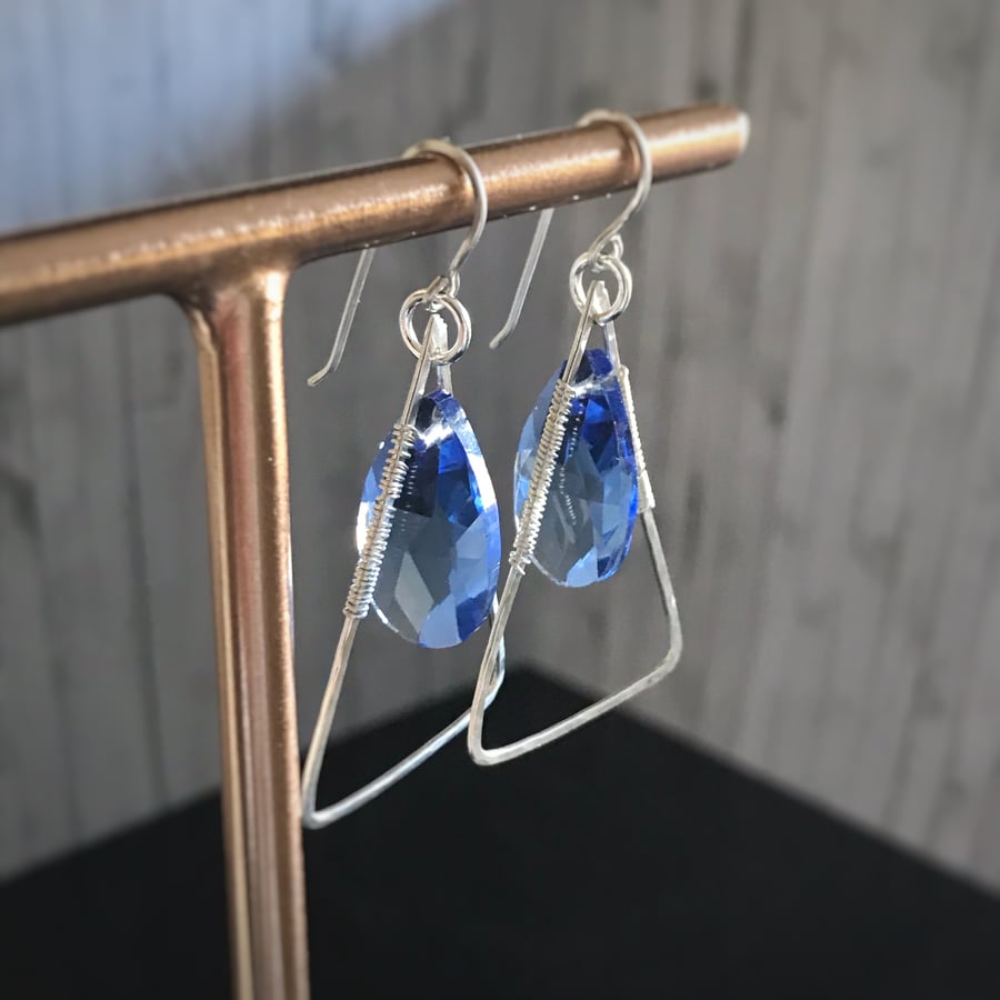 Sterling silver hand forged triangular earrings, Blue earrings