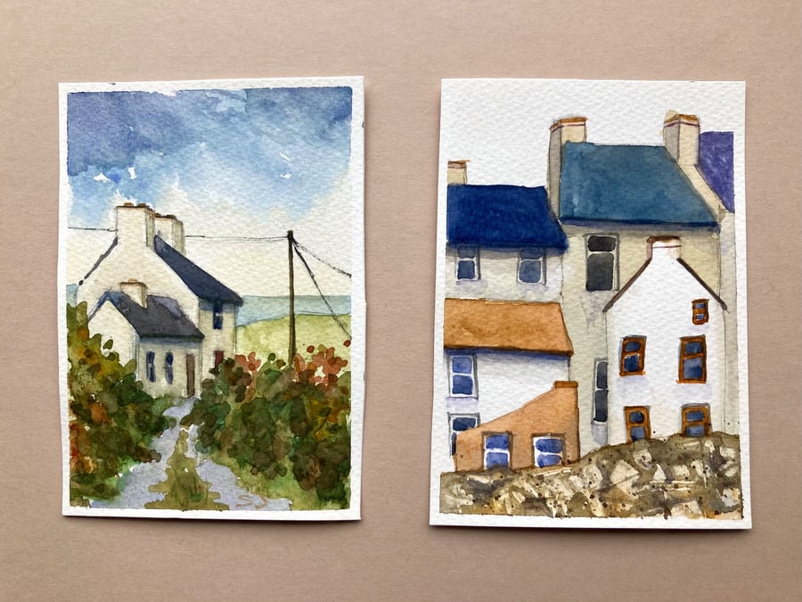 Two miniature original watercolour paintings Irish Fatmhouse and Staithes houses