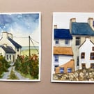 Two miniature original watercolour paintings Irish Fatmhouse and Staithes houses