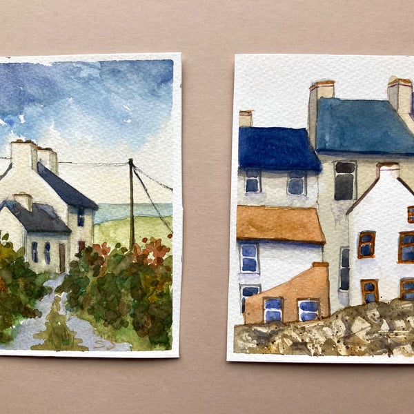 Two miniature original watercolour paintings Irish Fatmhouse and Staithes houses