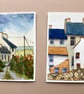 Two miniature original watercolour paintings Irish Fatmhouse and Staithes houses