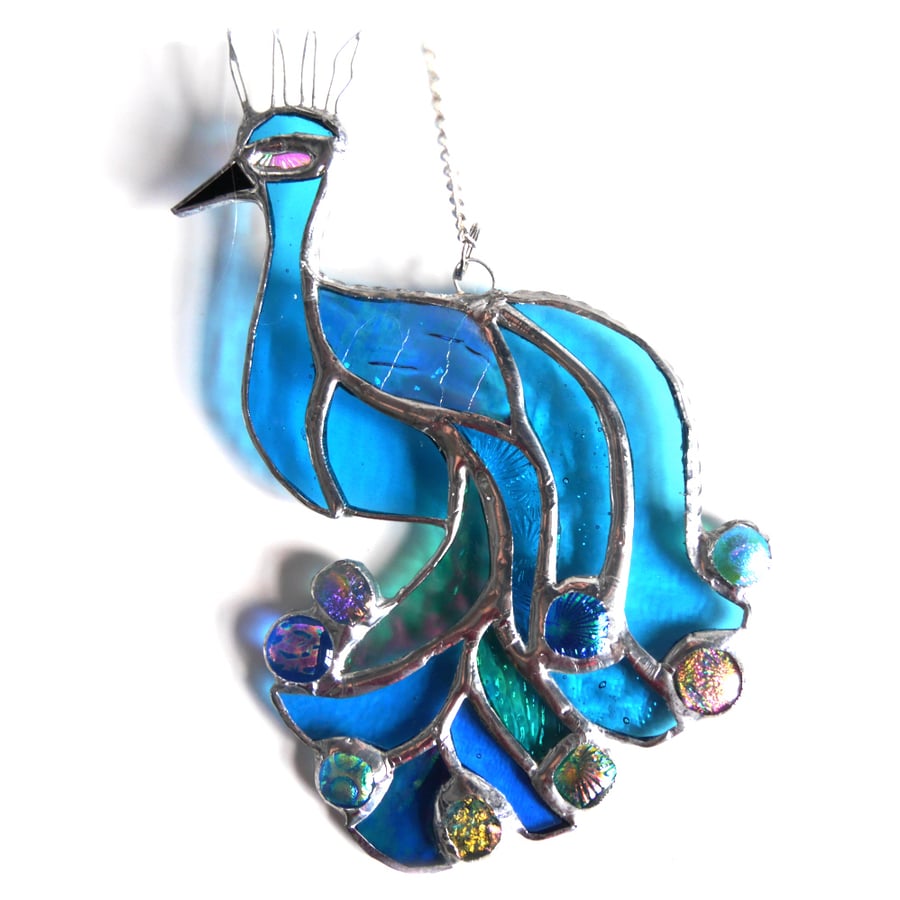 Peacock Suncatcher Stained Glass Dichroic Bird 