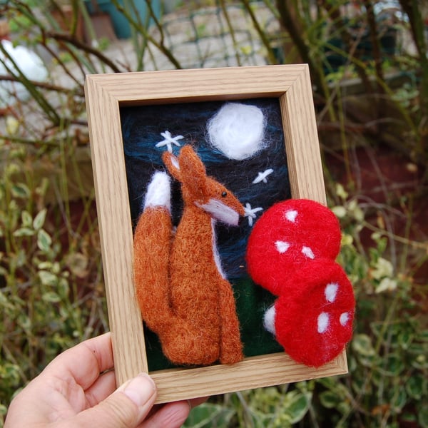  Moon gazing Fox  - nursery picture - needle felt, wool decoration - 