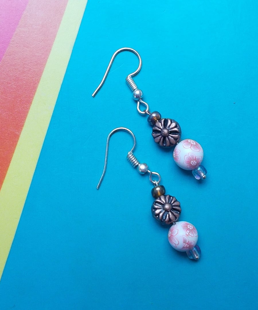 Antique Bronze and Pink Flowery Earrings