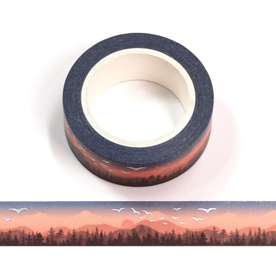Sunset Washi Tape With Silver Holographic Birds Washi Tape Masking Trim 15mm x 1