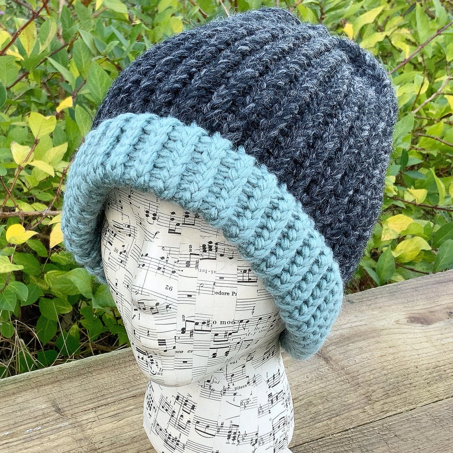 Black Chunky Knit Beanie. Fisherman’s Style Hat. Woollen Beanie. Woolly Hat.