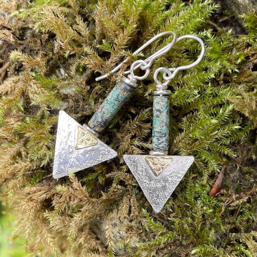 Sterling silver 18ct gold and African turquoise triangular earrings