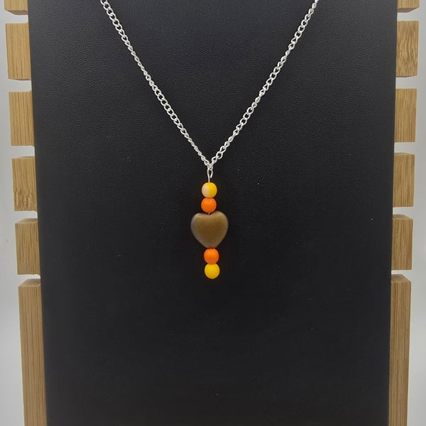 czech glass gold heart beaded necklace - silve chain 