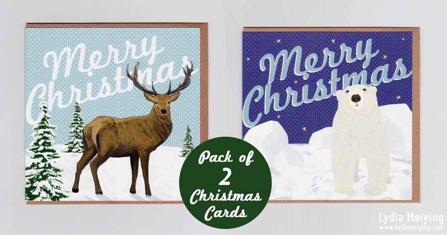 Pack of 2 Merry Christmas Cards, 1 Stag and 1 Polar Bear Design