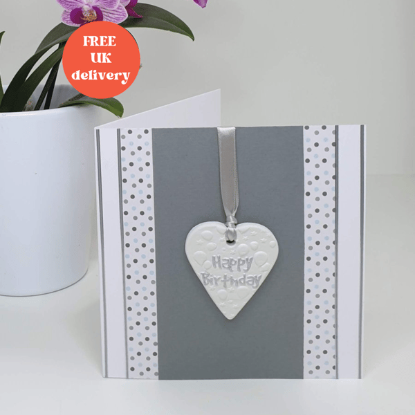 Handmade card with detachable keepsake clay heart, happy birthday greetings card