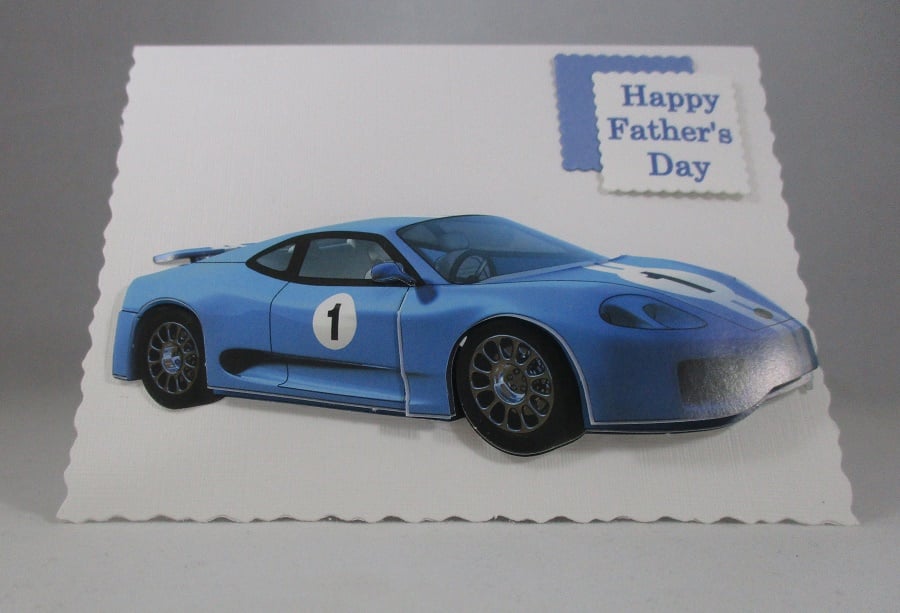 Small Father's Day Card, Blue Sports Car, 3D, Handmade
