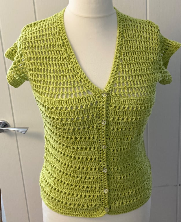 Lime Green Crochet Cardigan Mesh Yoke Cotton Silk Short Sleeves Handmade 10 UK