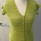 Lime Green Crochet Cardigan Mesh Yoke Cotton Silk Short Sleeves Handmade 10 UK