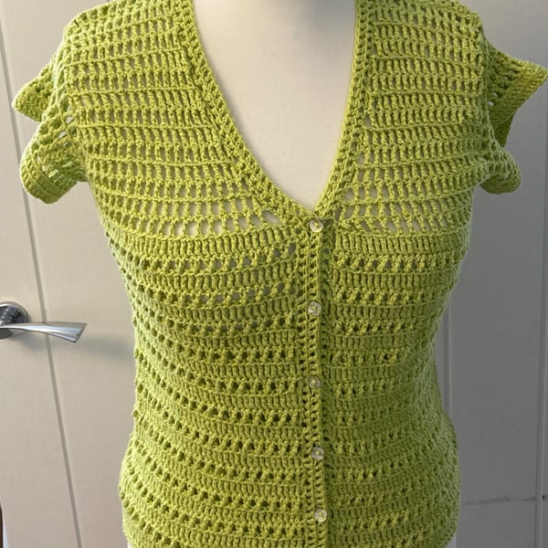 Lime Green Crochet Cardigan Mesh Yoke Cotton Silk Short Sleeves Handmade 10 UK