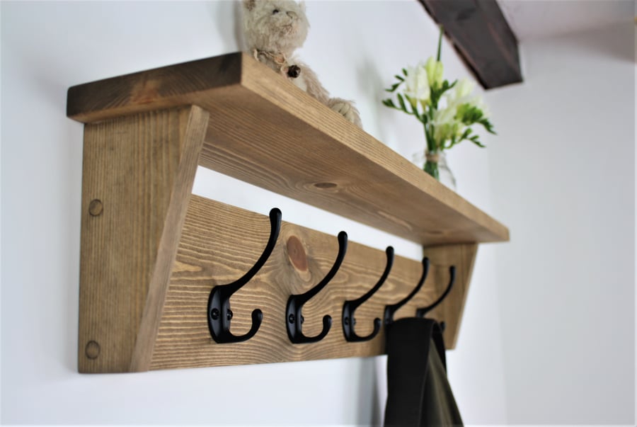 Modern Rustic Wooden Coat Rack Coat Hooks With Shelf Wall Mounted 
