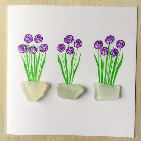 Hand drawn ‘Allium pots’ greeting card, with sea glass from Cornwall 