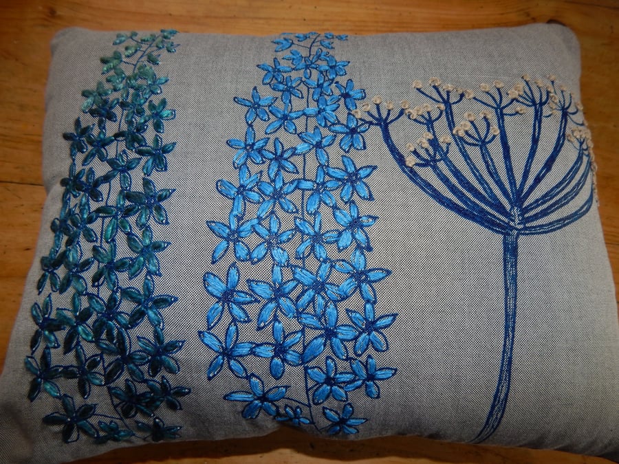 Blue delphinium and Cow Parsley -  screen printed small cushion. 33cm x 26cm