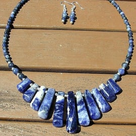 Genuine Blue Sodalite Gemstone Chunky Tapered Necklace & Earrings Gift Set