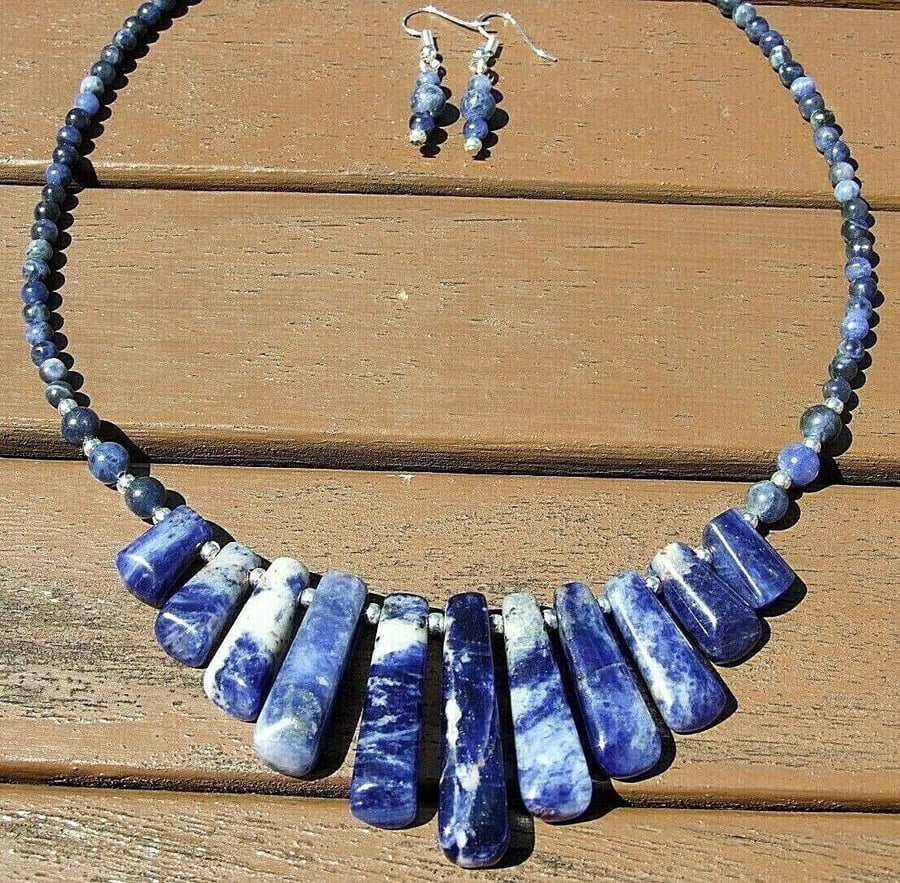 Genuine Blue Sodalite Gemstone Chunky Tapered Necklace & Earrings Gift Set