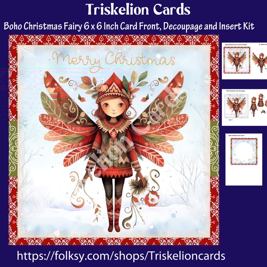 PRINTABLE Boho Christmas Fairy 6 x 6 Inch Card Front Kit 