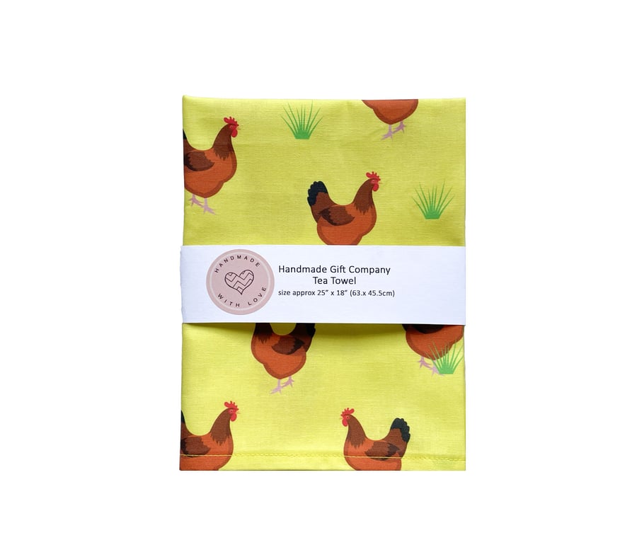 Fabric Handmade Pretty Cotton Tea Towel with a Hen Design in Yellow