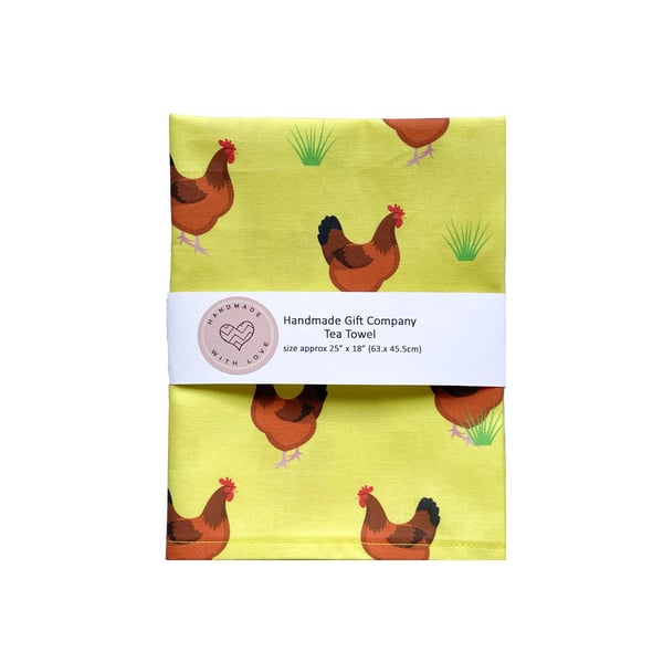 Fabric Handmade Pretty Cotton Tea Towel with a Hen Design in Yellow
