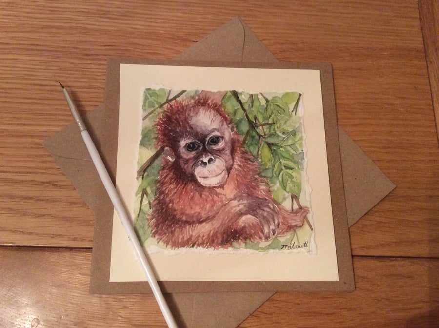 Original hand painted card of orangutan 