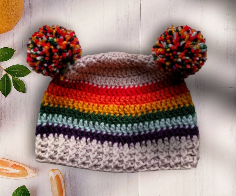 rainbow baby hat, double pompom, 0-3 months