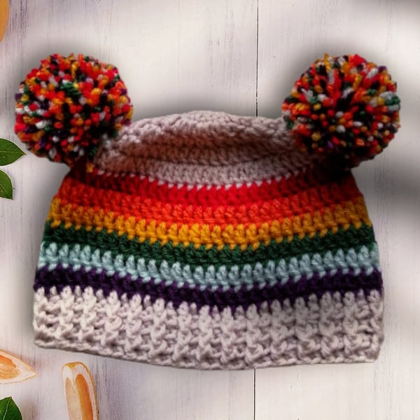 rainbow baby hat, double pompom, 0-3 months