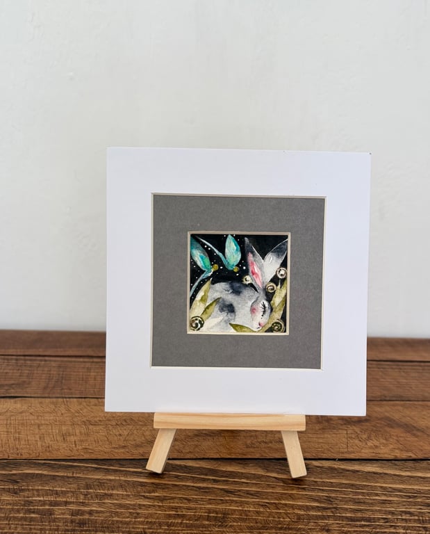 Mounted Original Whimsical Resting Hare with Dragonflies Original Watercolour 