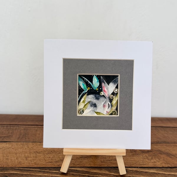 Mounted Original Whimsical Resting Hare with Dragonflies Original Watercolour 