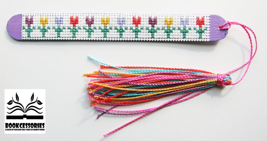 Tulips Hand Painted Wooden Cross Stitched  Bookmark