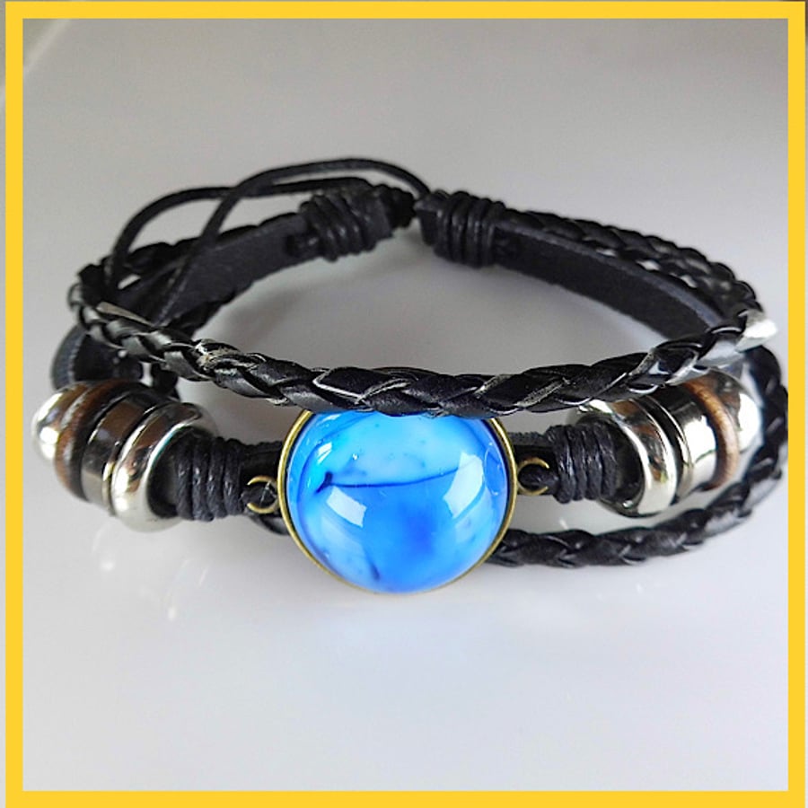 Leather Mens Bracelet, Blue Gemstone Beaded Bracelet,  Hand made, Unique, B34