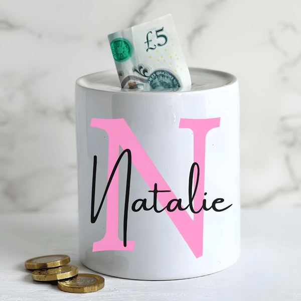 Personalised Ceramic Money Box -Novelty Present Pink Initial and Name