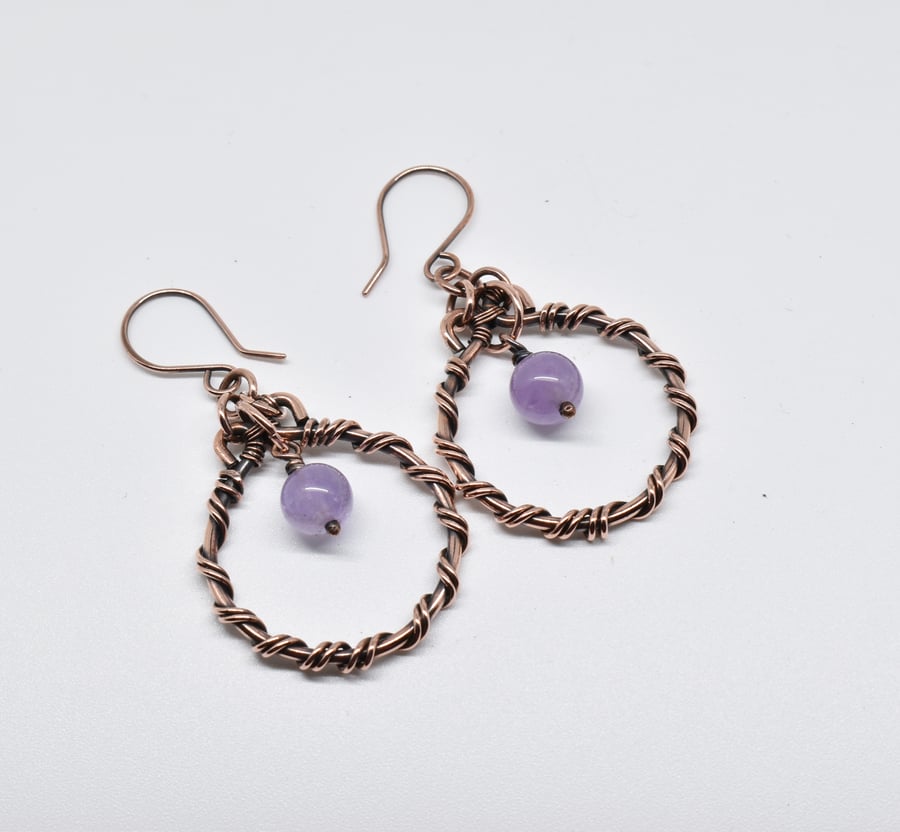 Wire Wrapped Amethyst and Copper Hoop Earrings