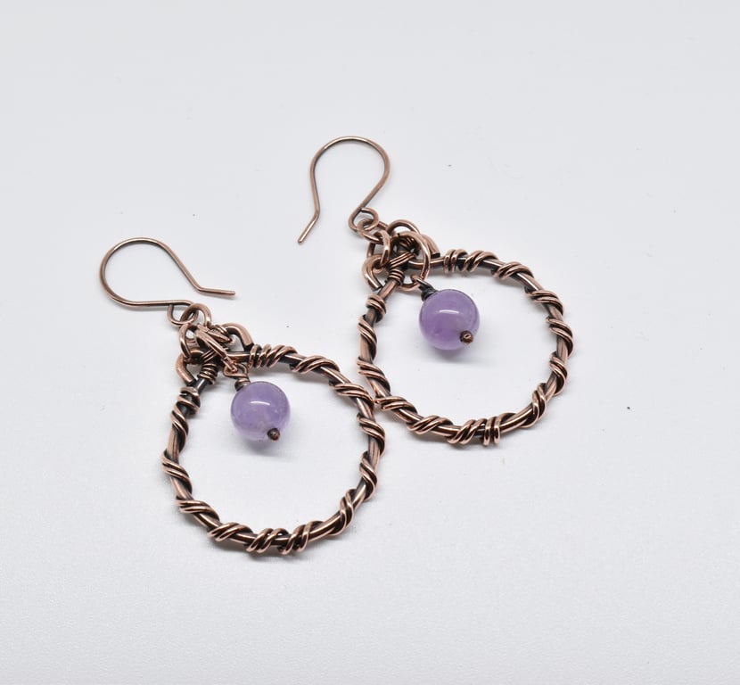 Wire Wrapped Amethyst and Copper Hoop Earrings
