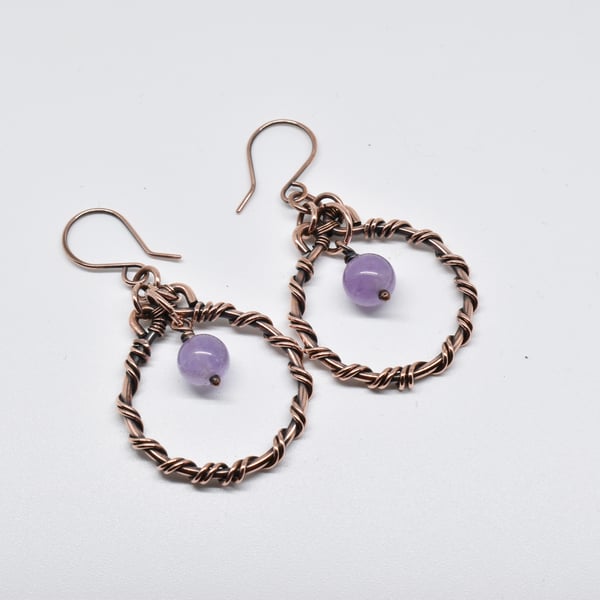 Wire Wrapped Amethyst and Copper Hoop Earrings