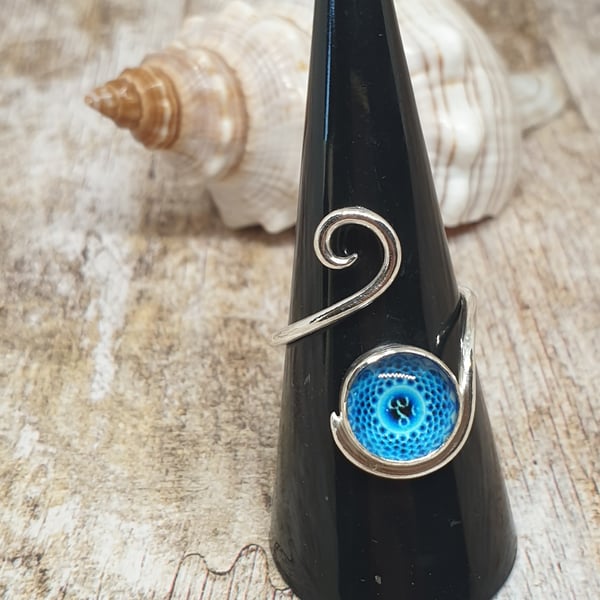 Sterling Silver 925 Adjustable Mandala Glass Cab Ring