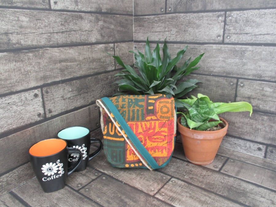 Image of Upcycled Coffee Sack - Mini Shoulder Bag - Green and orange pattern