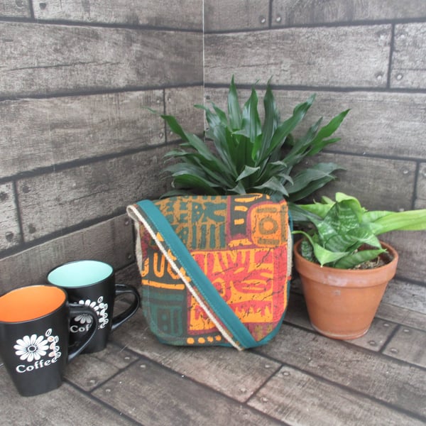 Upcycled Coffee Sack - Mini Shoulder Bag - Green and orange pattern