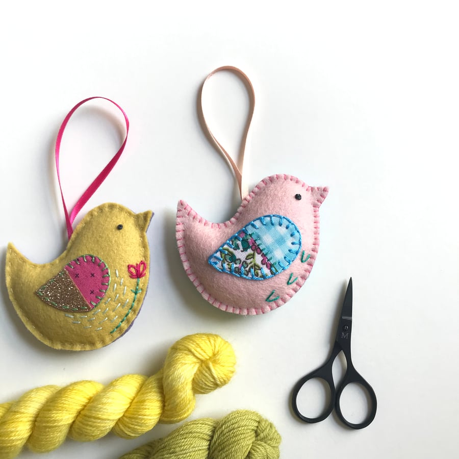 Hand Embroidered Felt Bird Lavender Bag- set of 2