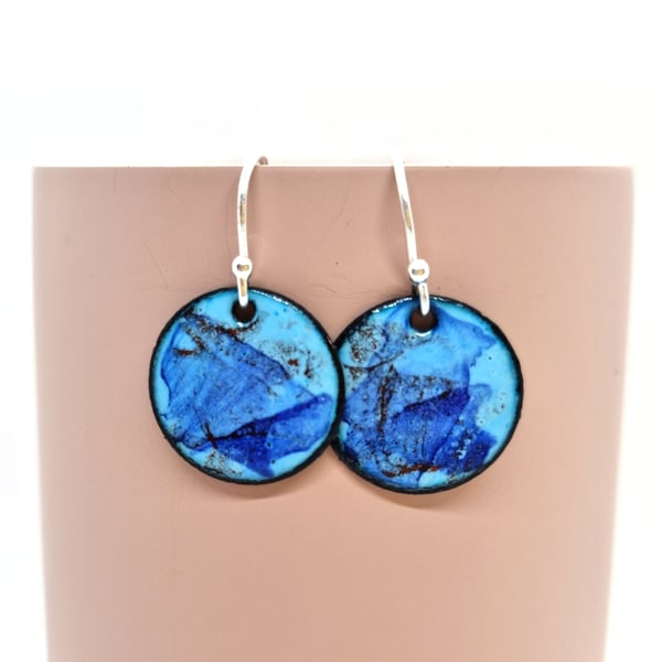 Abstract Colour enamel round drop earrings - blue